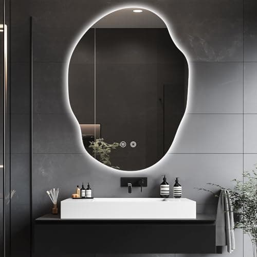 39F USA Irregular LED Bathroom Mirror with Lights,Asymmetrical Led Bathroom Vanity Mirror for Wall with Front and Backlit, Anti Fog, 3 Colors and Dimmable Light,[Horizontal/Vertical] 30" H x 22" W - Image 1