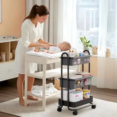 Modanais Baby Diaper Caddy Organizer Cart - 3 Tier Rolling Storage Cart with Wheels, Baby Essentials for Nursery Storage, Detachable Dividers - for Crib, Bedroom, Art & Craft Organizer (Black) - Image 8