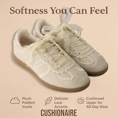 CUSHIONAIRE Belinda Women’s Lace Detail Casual Sneakers – Elegant Ribbon Lace-Up Summer Shoes for Women with Memory Foam, IVORY 6.5 - Image 3