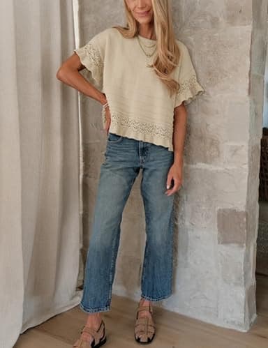 Yeokou Womens Short Sleeve Sweater Round Neck Ruffled Hem Knit Crochet Pullover Summer Fall Casual Top Blouse(Khaki-M) - Image 5