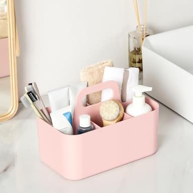 Multiuse Caddy Organizer with Handle - Stackable Plastic Tote Bin - Art Craft Supplies, Office, Desk, Stationery Pen Holder, Kitchen, Utensil, Makeup, Bathroom, Shower, Cleaning, Dorm Organizer - Pink - Image 3
