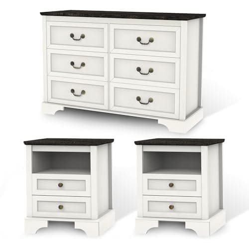 CATMIX Farmhouse Bedroom Set, 3 Pieces Bedroom Furniture Set, Rustic Wood 6 Drawer Dresser and Nightstands, Chest of Drawers Wide Storage Organizer Cabinet for Bedroom - Image 1