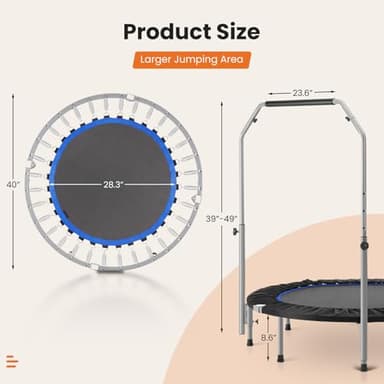 Sweetcrispy 40" in/48 in Mini Fitness Trampoline - 330LBS Foldable Exercise Rebounder with Adjustable Handle, Stable and Quiet, for Adults Indoor/Outdoor Workout - Image 4