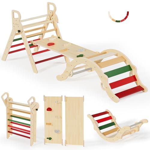 BlueWood Pikler Triangle Set, Toddler Wooden Climbing Toys Indoor 7in1 Foldable Climber for Kids, Montessori Philosophy Play Jungle Gym with Arch, Ramp, Ladder (Warm Winter Christmas) - Image 1