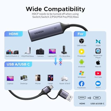 UGREEN 2K@30Hz Video Capture Card 4K Input HDMI to USB 3.0 A and USB C Capture, 1080P 60FPS with Low Latency Capture Card for Streaming Game Recording Compatible with Switch 2/Xbox/PS4/PS5/PC/Camera - Image 5