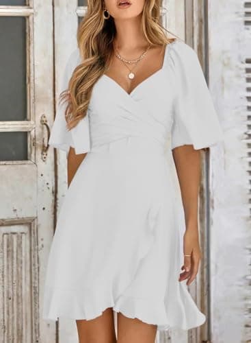 Dokotoo Women's Summer Dress Wrap V Neck Short Sleeve Smocked Elastic Waist Tiered Belted Ruffle Hem Mini Dresses Wrap Dress for Women Short Sleeve Dress for Women White S - Image 2