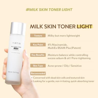 TIRTIR Milk Skin Rice Toner Light | Instant Hydration with 4% Niacinamide, Pantenol, Lightweight, Pore-Tightening, Vegan, Acne-Prone, Oily Skin, Fungal Acne Safe, Korean Skin Care, 5.07 Fl Oz - Image 7