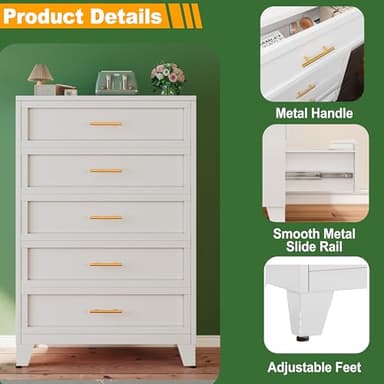 Metal Dresser Tall White Dresser for Bedroom Chest,53.54" H White Drawer Chest, Closet Dressers & Chests of Drawers for Living Room, Hallway (5 Drawers) - Image 5