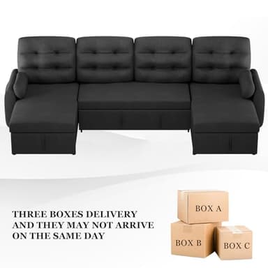 Ucloveria Sectional Sofa Couch, 112" Sleeper Sofa Bed with Dual Reversible Storage Chaise Pull Out Couch for Living Room | Side Pockets | Charging Station | Removable Backrest | Linen Fabric, Black - Image 8