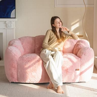 MAXYOYO Bean Bag Chair for Adults, Loveseat Floral Shaped Bean Bag Sofa, Ultra Soft Love Seat Mini Sofa Couch, Faux Fur Reading Chair for Living Room Bedroom, Pink - Image 1