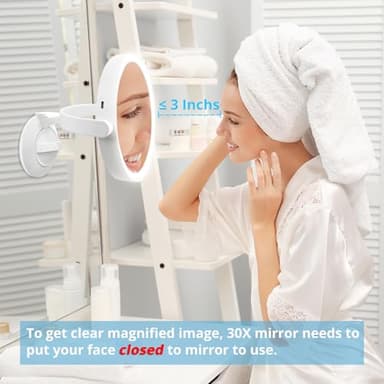 Fabuday Wall Mounted Magnifying Makeup Mirror with Lights - 1x/30x Double Sided Lighted Magnification Mirror with Suction Cup, Rechargeable Mirrors with Extended Arm, 3 Color LED Lighting, 7 Inch - Image 2