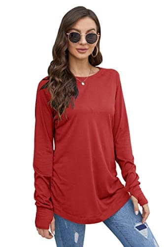 Fisoew Women's Casual Long Sleeve Tops Crew Neck Round Hem Loose T-Shirts Tunic Tops with Thumb Holes Red - Image 3