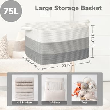 Goodpick Storage Basket, 21.6" x 14.9" x 11.8", Blanket Basket for Living Room, Large Woven Baskets for Storage, Toy Organizer, Rectangle Rope Baskets for Organizing, Gray - Image 2