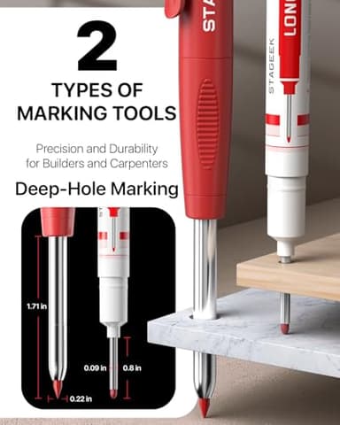 STAGEEK 2PCS Carpenter Pencils with Sharpener, Heavy Duty Woodworking Tools, Mechanical Pencil Set with 26 Refills, Deep Hole Long Nib Marker Pens for Architect Marking with Case (Black, Red) - Image 2