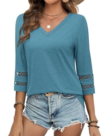 Business Casual Tops for Women 3/4 Length Sleeve Plus Size Tops for Women Summer V Neck Work Shirts Turquoise L - Image 3