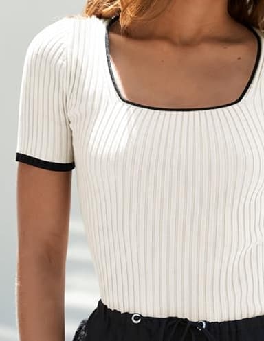 ZESICA Women's Short Sleeve Square Neck Color Block T Shirt 2025 Summer Slim Fit Ribbed Knit Basic Tee Tops,White,Medium - Image 4