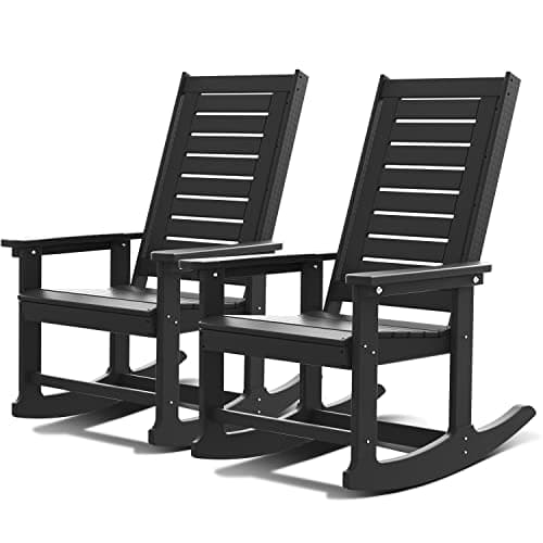 GREENVINES Outdoor Rocking Chairs | Set of 2 | Porch Rocker | HDPE Plastic | Black | Oversized Rockers | High Back | Big & Tall | Ladder Back | for Patio Outside Backyard Balcony - Image 1