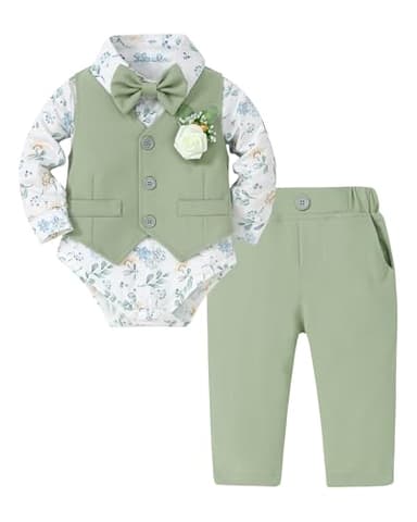SANMIO Baby Boy Clothes Suits Easter Outfit Baby Boy Collared Dress Shirt+Vest+Tie+Corsage+Pants 5Pcs Infant Gentleman Suits Sets Light Green 6-12M - Image 1