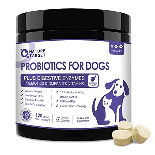 NATURE TARGET Probiotics for Dogs, 6 Billion Freeze Dried Dog Probiotics with Prebiotics & Enzymes, Vitamins, Omega 3, for Digestive & Gut Health, Itch Relief, Reduce Diarrhea, 120 Bites - Image 1
