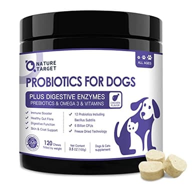 NATURE TARGET Probiotics for Dogs, 6 Billion Freeze Dried Dog Probiotics with Prebiotics & Enzymes, Vitamins, Omega 3, for Digestive & Gut Health, Itch Relief, Reduce Diarrhea, 120 Bites - Image 1