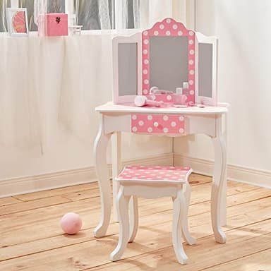 Teamson Kids Princess Gisele Polka Dot Print 2-Piece Kids Wooden Play Vanity Set with Vanity Table, Tri-Fold Mirror, Storage Drawer, and Matching Stool, White with White/Pink Polka Dot Accent - Image 3