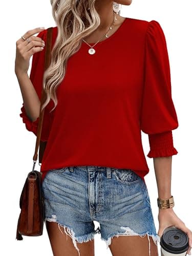 XIEERDUO 3/4 Length Sleeve Womens Tops Blouses for Women Dressy Casual Womens Short Sleeve Tops Red L - Image 3