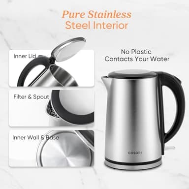 COSORI Electric Kettle, No Plastic Inner Lid, Filter and Spout, Double Wall Stainless Steel Keep Warm, Automatic Shut Off & Boil-Dry Protection, Durable Tea Kettle Boiler & Heater, 1.5L/1500W, Silver - Image 2