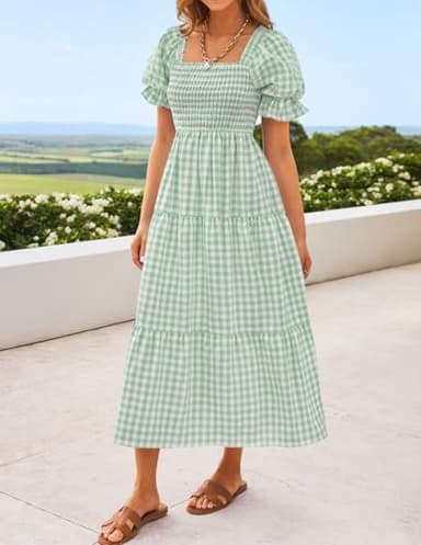ZESICA Women's 2025 Bohemian Summer Plaid Square Neck Puff Sleeve Ruffle Flowy Beach Midi Dress,Green,Large - Image 2