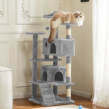 Sweetcrispy 54 Inch Cat Tree Tower, Multi-Level with Cat Scratching Post, Indoor Cat Condo with Climbing Ladder, Plush Toy, Play House for Cat, Light Grey - Image 2
