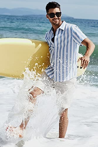 JMIERR Men's Summer Casual Stylish Short Sleeve Button-Up Shirts Cotton Linen Vertical Striped Business Dress Shirts Beach Cruise Shirt Resort Wear, L, Sky Blue - Image 5