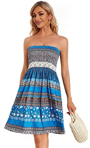 CHICGAL Summer Dresses for Women Beach Cover Ups Strapless Boho Floral Print Sundress(Flower Blue,M) - Image 7