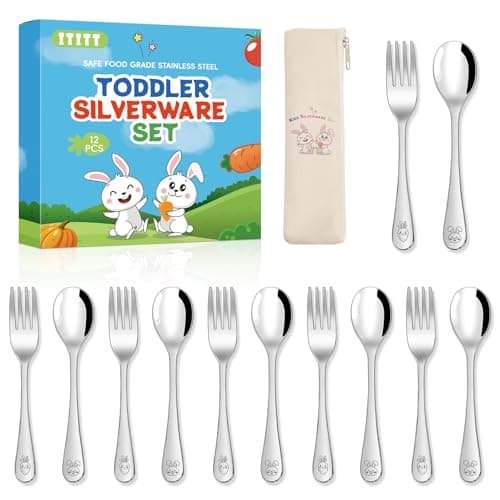 ITITT 12 Pieces Stainless Steel Toddler Utensils Set - Food Grade Kids Silverware Set Children Safe Small Forks and Spoons Mirror Polished Sturdy and Durable Dishwasher Safe - Image 1