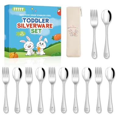 ITITT 12 Pieces Stainless Steel Toddler Utensils Set - Food Grade Kids Silverware Set Children Safe Small Forks and Spoons Mirror Polished Sturdy and Durable Dishwasher Safe - Image 1