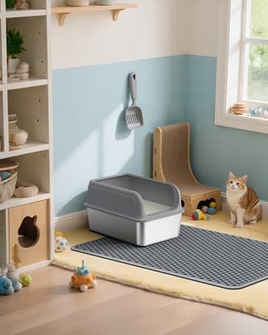 Powools Cat Litter Mat - 46" x 35" Jumbo Litter Box Mat with Double Layers, Urine-Proof and Non-Slip Litter Trapping Mat, Easy to Clean Kitty Litter Mats for Floor, Scatter Control, Grey - Image 9