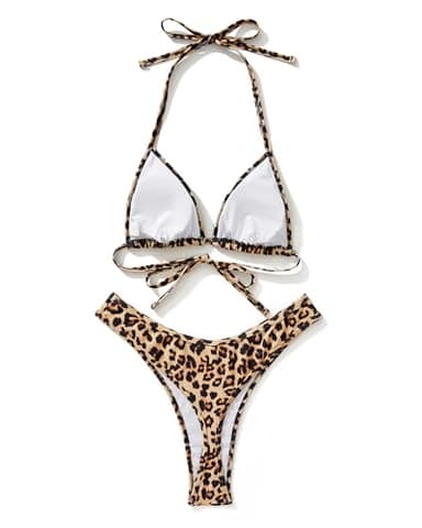 SUUKSESS Women Sexy Thong String Two Piece Bikini Sets Triangle Cheeky Halter Swimsuits Color Block Bathing Suits(Leopard,XL) - Image 4