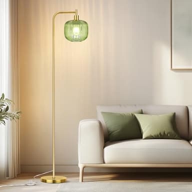 QiMH Glass Floor Lamp for Living Room, Modern Standing Lamp with Ribbed Glass Lampshade Pedal Switch, 67” Tall Lamp for Bedroom Study Room, Brushed Gold (2700K LED Bulb Included) - Image 2