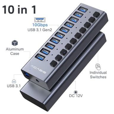 ACASIS Powered USB Hub,10 Ports USB 3.1 Hub with 10Gbps Data Speed, Individual On/Off Switches, 12V4A 48W Power Adapter, USB Hub 3.1 Powered for MacBook, Mac Pro/Mini, Surface Pro Laptop/PC - Image 2
