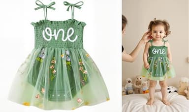 DLLYING 1st First Birthday Outfit Girl Baby Summer Sleeveless Smocked Fairy Berry Sweet 1 One Year Old Onesie Bodysuit Romper Tulle Dress + Headband Cake Smash Photo Shoot Clothes Green 1 Year - Image 2