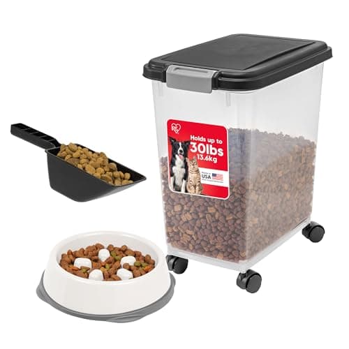 IRIS USA Airtight Dog Food Storage Container with 2-Cup Scoop and Slow Feeder Bowl Combo, Up to 30 lbs Pet Food Bin with Attachable Wheels, Anti-Slip Short Snouted Bowl, Easy to Clean, BPA Free, Black - Image 1