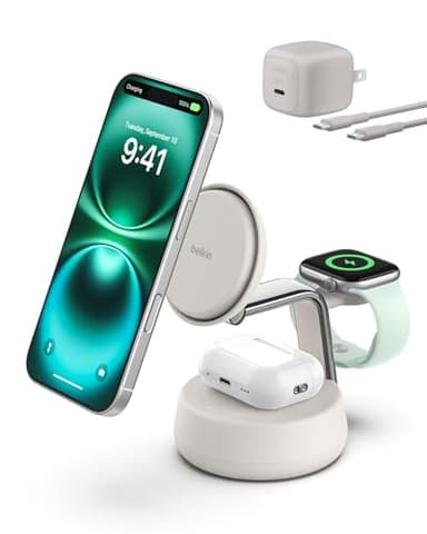 Belkin MagSafe Charger Compatible, 3-in-1 Charging Station, Qi2.2 25W w/Cooling Fan (On/Off Control) Magnetic Wireless Charger for iPhone 17, Apple Watch, AirPods, Pixel 10 (45W Adapter Included) - Image 1