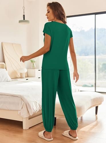 Ekouaer Pajamas for Women 2 Piece Lounge Sets Cap Sleeve Loungewear Top with Joggers Pants S-XXL Dark Green - Image 3