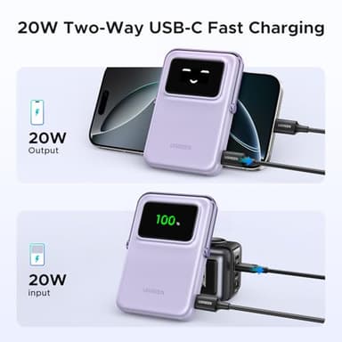 UGREEN Uno 10000mAh Magnetic Portable Charger, Qi 7.5W Wireless Power Bank, PD 20W USB C Battery Pack with Foldable Stand and TFT Display MagSafe Compatible iPhone 17/16/15/14/13/12 Series, Purple - Image 3
