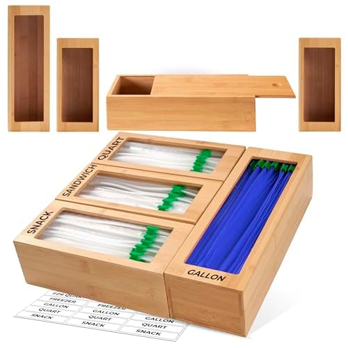 Storage Bag Organizer, Bamboo Baggie Organizer for Drawer, 4 Modular Blocks with Labels, Plastic Bag Storage Organizer, Quick Refill, Compatible with Gallon, Quart, Sandwich, Snack size bags - Image 1