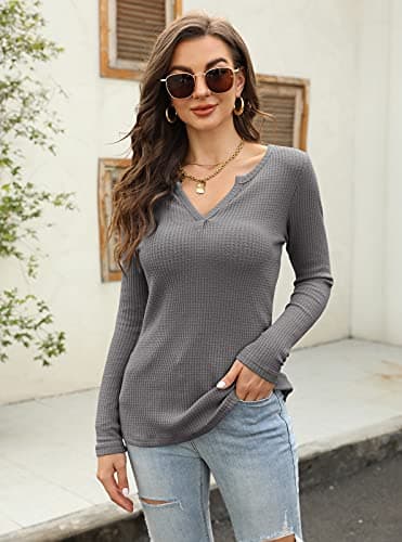 Women's V Neck Waffle Knit Henley Tops Casual Long Sleeve Pullover Sweater Blouses (Dark Grey, Medium) - Image 5