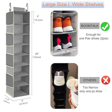 roomtalk Large-Sized Hanging Shoe Organizer 8-Shelf, Hanging Closet Organizer with 8 Side Pockets, Wider Hanging Shelves for Storage Shoes Clothes 9" W × 11.8" D× 48" H, Grey - Image 3