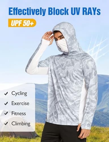 COOrun Men's Hooded Sun Shirts with Mask Fishing Shirts for Men Long Sleeve UPF 50 Rash Guards Cooling Hoodies Hiking Shirts Grey - Image 3