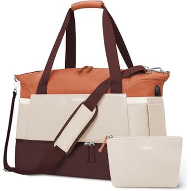 ETRONIK Gym Bag for Women, Travel Duffel Bag with USB Charging Port, Weekender Overnight Bag with Wet Pocket and Shoes Compartment for Women, Travel, Gym, Yoga (Brown/Khaki/Orange) - Image 1