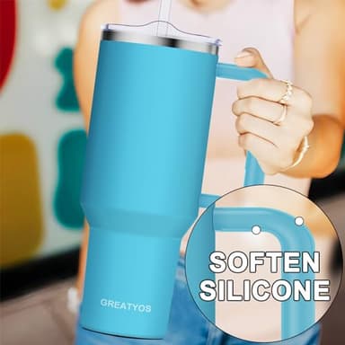Greatyos 40 oz Tumbler with Handle and Straw Lid Insulated Tumblers Cups with Lids Straws Double Wall Vacuum Leak Proof Stainless Steel 40oz Tumbler Travel Mug Gifts for Men Women Him Her (Pool) - Image 6