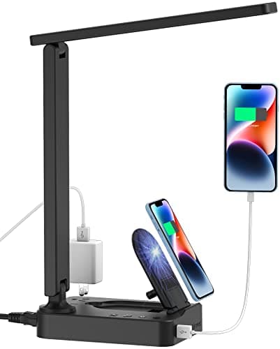 Drevet LED Desk Lamp with Wireless Charger, Desk Table Light with USB Charging Port and 2 Outlets, 3 Lighting Modes, 3 Level Brightness, 1H Timer, Touch Control, Eye-Caring Home Office Foldable Lamp - Image 1