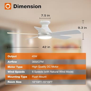 addlon Ceiling Fans with Lights, 42 Inch Low Profile Ceiling Fan with Light And Remote Control, Flush Mount, Reversible, 3CCT, Dimmable, Quiet, White Small Ceiling Fan for Bedroom Indoor/Outdoor Use - Image 8